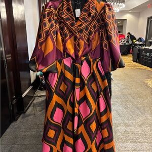 Samuel Dong Bold Geometric Pink and Orange Midi Dress (M)
